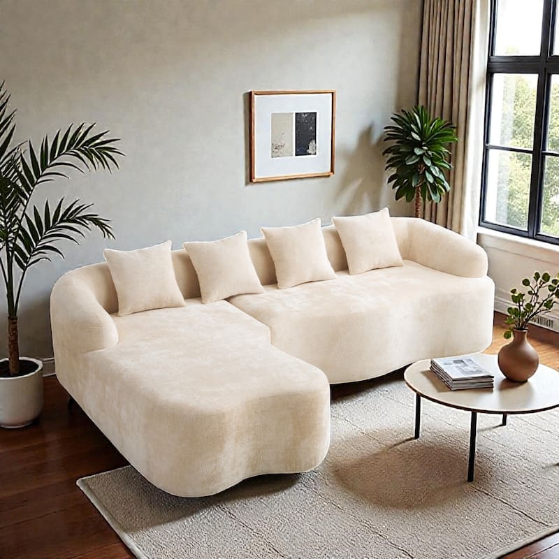 Full Compression L Shaped Sectional Sofa with Curved Chaise, Modular Chenille Couch for Apartment Living Room