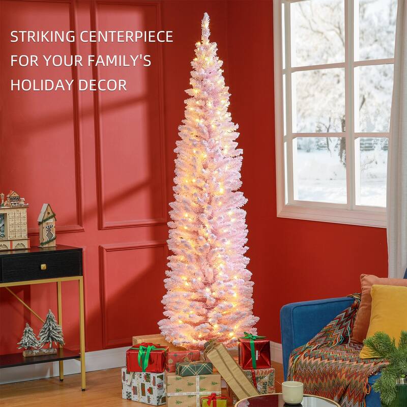 Pink White Plastic Steel Pencil Christmas Tree with 210 LED Lights - 21.6" Dia. x 82.8"H