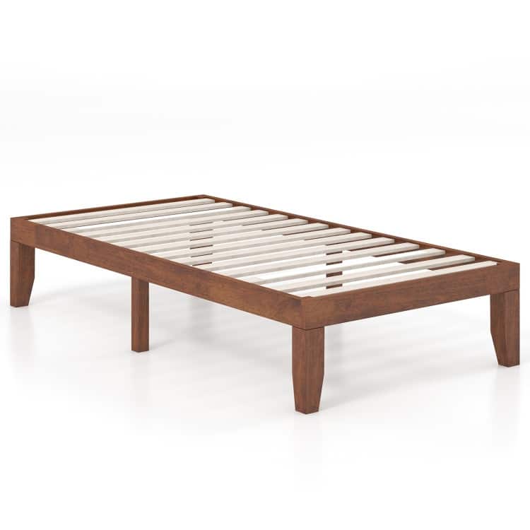 Brown Rubber Wood 14-Inch Twin Size Platform Bed Frame with Wood Slat Support - Walnut
