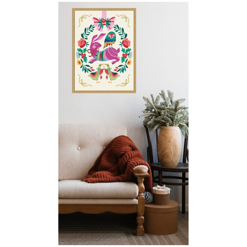 Kate and Laurel Sylvie Framed Canvas Woodland Animals Christmas Wreath by Rachel Lee