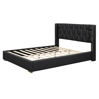 PU Upholstered Queen Platform Bed with Sturdy Frame and Wooden Slats