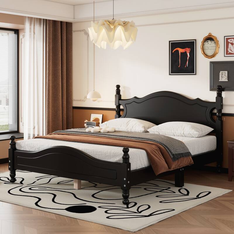 Queen Size Wood Platform Bed Frame,Retro Style Platform Bed with Wooden Slat Support