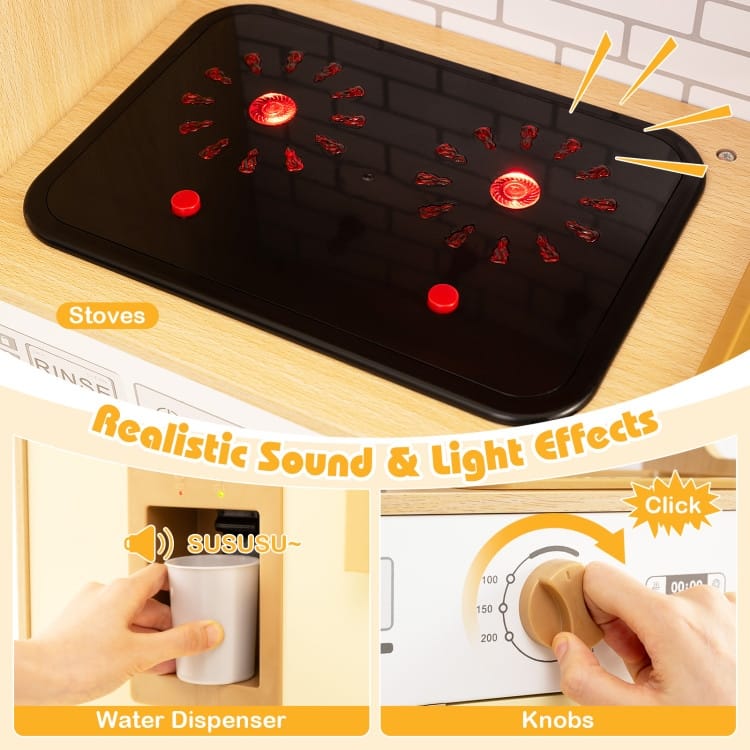 MDF Rattan Kids Play Kitchen with Lights, Sounds and Accessories - 33" × 10" × 31.5"