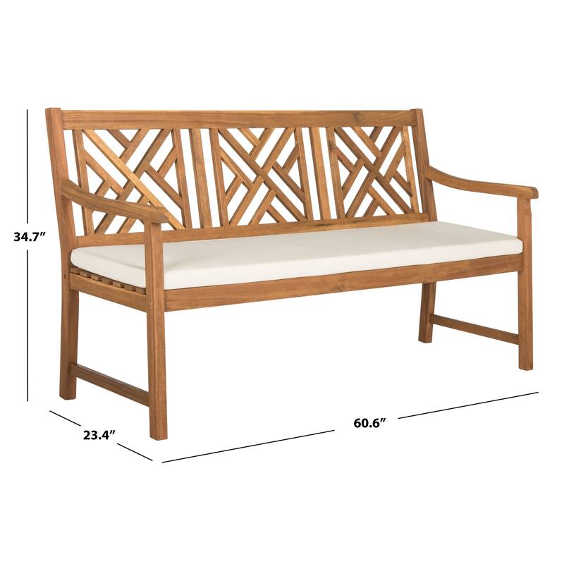 SAFAVIEH Outdoor Genara Solid Wood 3-Seat Bench with Cushion - 23Wx61Dx35H