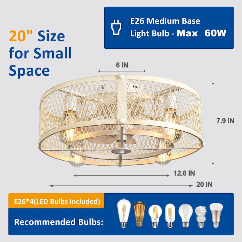 20-26Inch Caged Ceiling Fan with Light and Remote: APP Control Quiet DC Motor (E26 Bulbs Included)