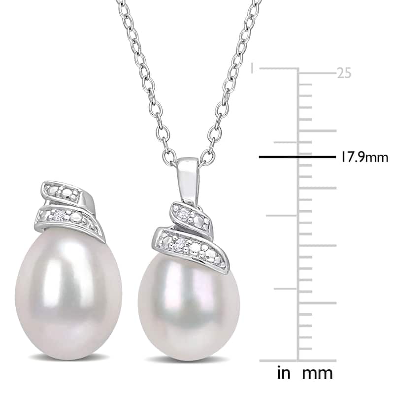 Miadora Cultured FW Pearl & Diamond Accent Drop Earrings & Necklace Set in Sterling Silver (6.5-7mm)