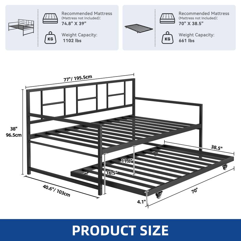 Moasis Twin Daybed with Pull Out Trundle, Metal Trundle Bed