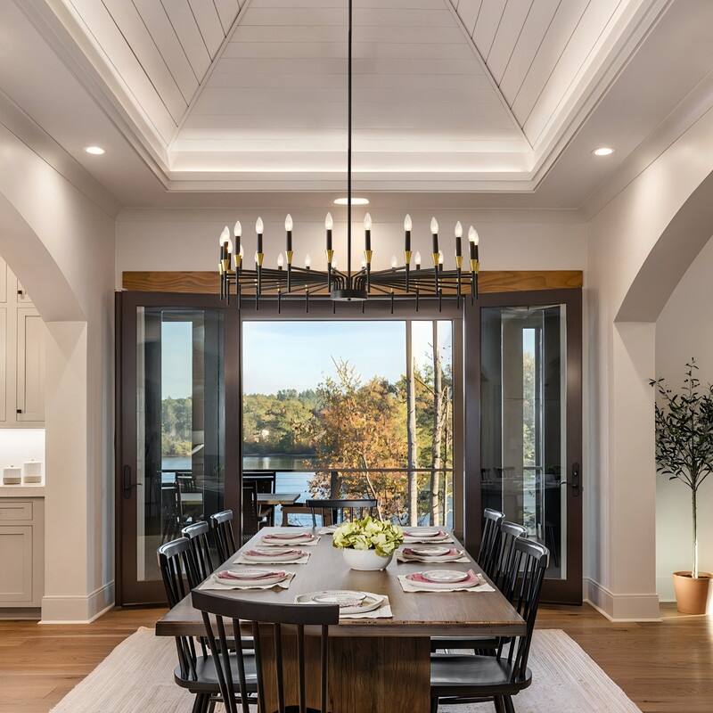 Black & Gold Modern Farmhouse Chandelier Rustic Ceiling Light Dimmable E12 Candle-Style Pendant Lighting Fixture