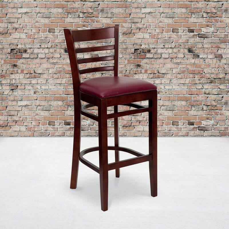 Ladder Back Wooden Restaurant Barstool - 16.75"W x 19"D x 43.75"H - 16.75"W x 19"D x 43.75"H - Burgundy Vinyl Seat/ Mahogany Wood Frame