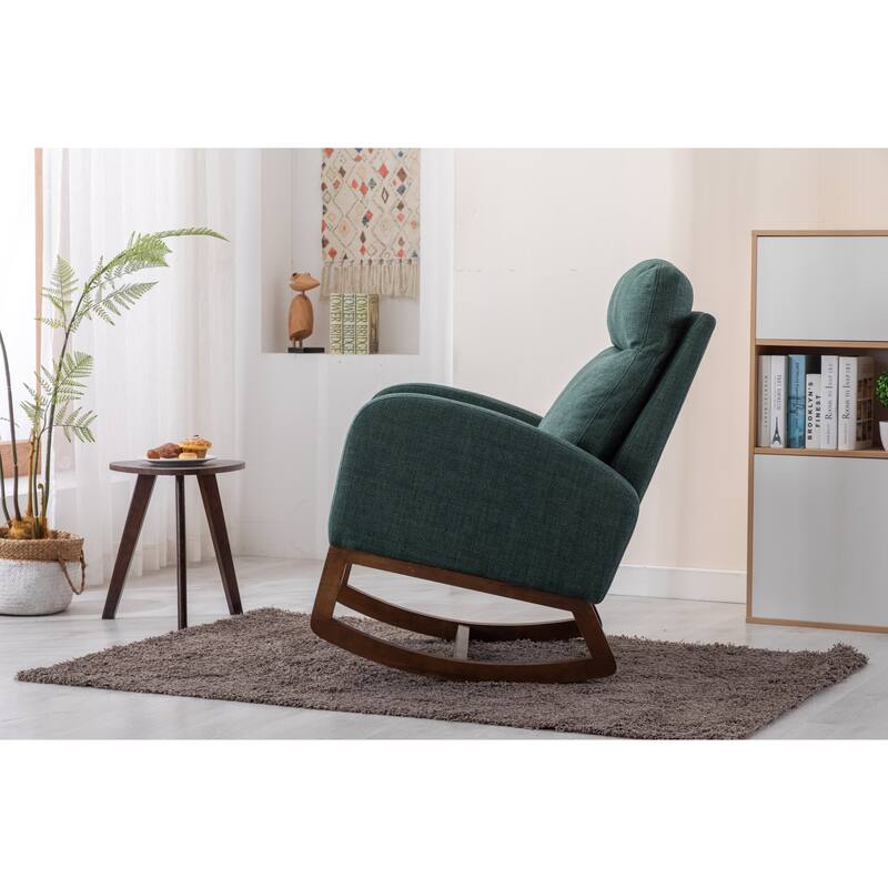 Modern Accent Upholstered Rocking Rocker High Back Arm Chair with Wooden Frame Side & Pockets for Living Room