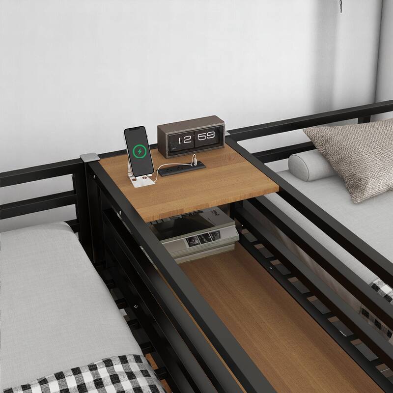 Twin Over Twin Metal Loft Bed with Dual Desks, Wardrobe, Charging Ports & Storage Shelves, Space-Saving Design for Kids & Teens