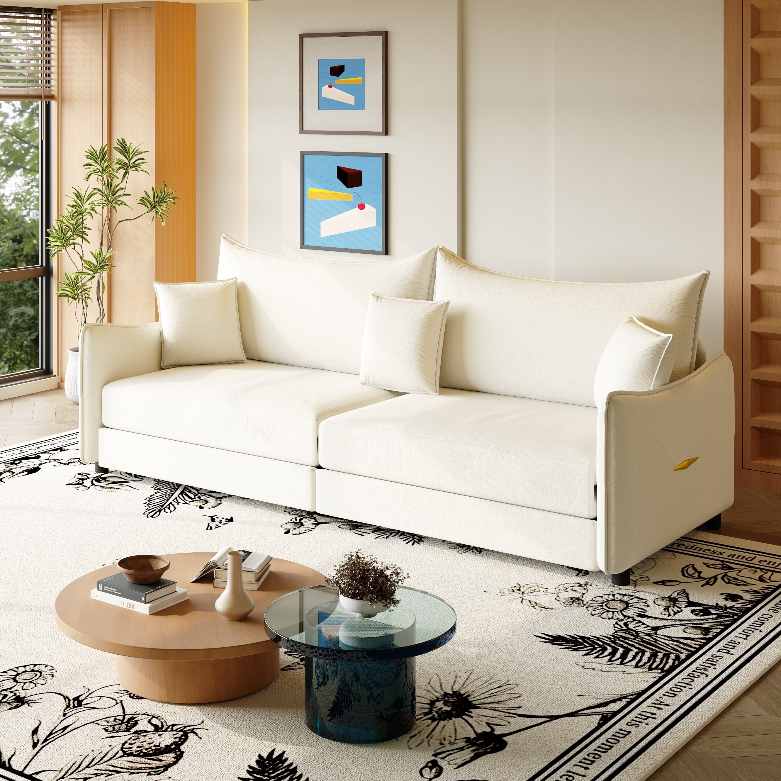 81.9" King Pull-Out Sleeper Sofa Bed, 3-in-1 Velvet Convertible Sofa with 3 Pillows & Gold Arm Accents