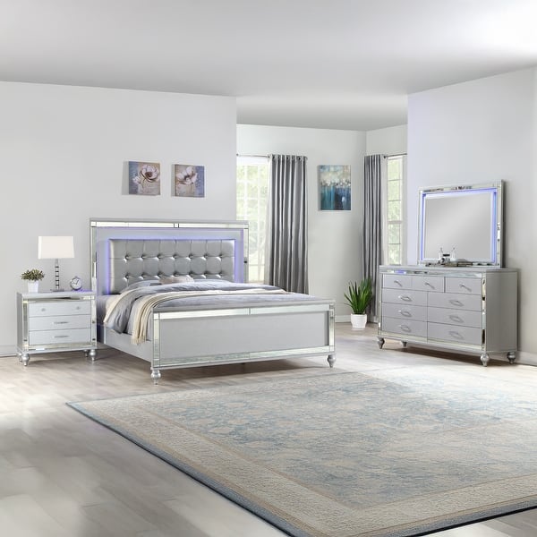 slide 2 of 16, Sterling 4PC/5PC Contemporary Bedroom Set with Mirror Accents and LED Enhancements Silver - Full - 4 Piece