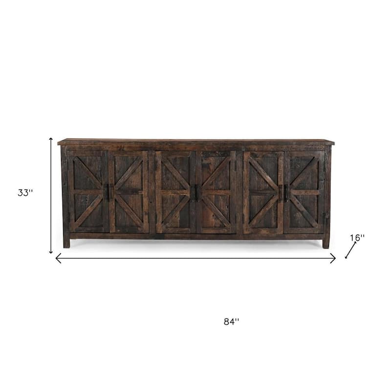 HomeRoots 84" Dark Brown Distressed Reclaimed Wood Paneled Sideboard with Six Doors - 84.00 in. x 33.00 in. x 16.00 in.