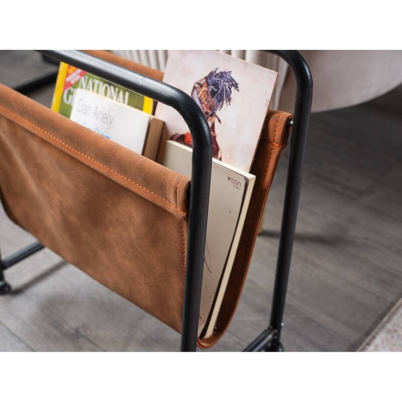 Eren Matte Black Metal Frame Leatherette Sling Magazine Holder for Living Rooms, Home Offices