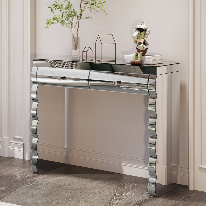 Mirror Decorated Console Table with Storage Drawers and Wave Pedestal