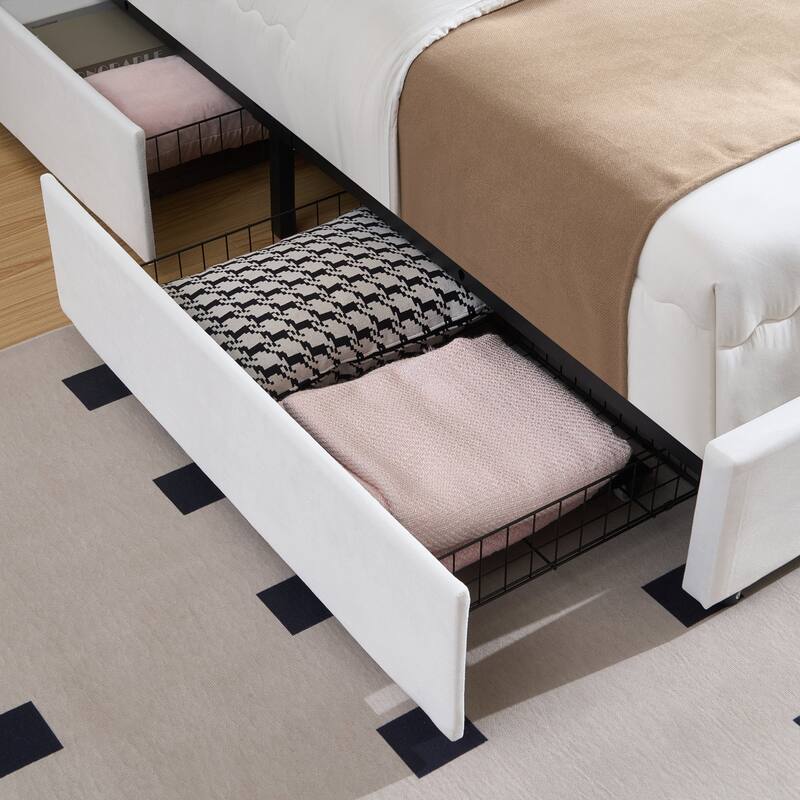 White Upholstered Platform Bed Frame with 4 Storage Drawers, Adjustable Velvet Rivets Headboard