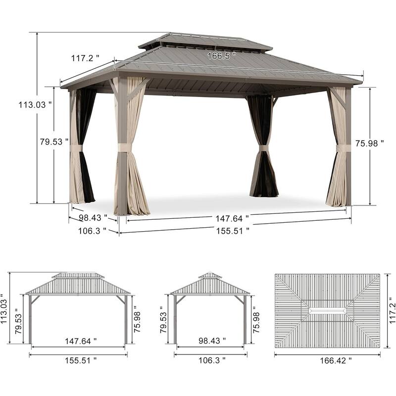 PURPLE LEAF Outdoor Hardtop Gazebo Champagne Metal Frame Galvanized Steel Double Roof with Curtains and Netting for Poolside