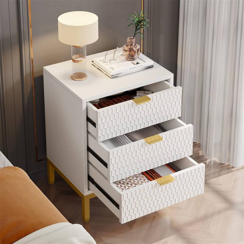 19.7-Inches Modern White and Gold 3-Drawer Nightstand