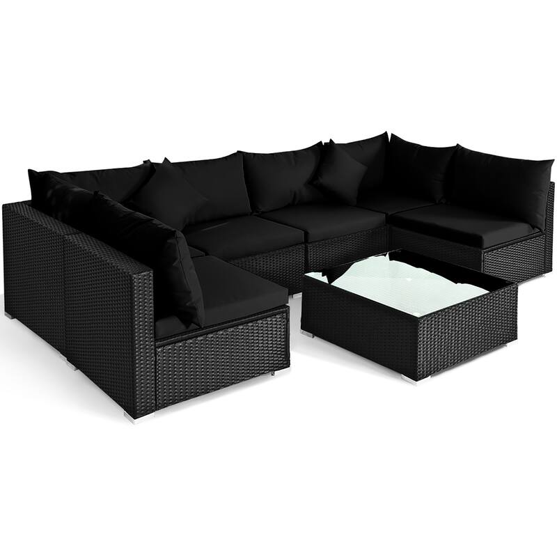 7 PCS Patio Furniture Set Outdoor Conversation Set with Coffee Table - Black