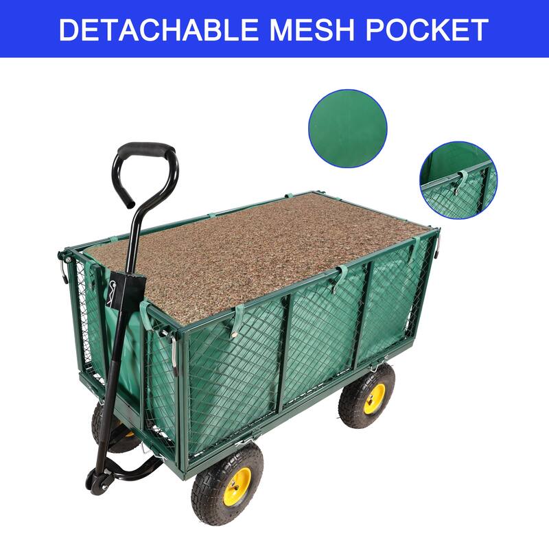 Utility Wagon with 880 lb Load - Mesh Garden Cart with 10" Tires, Removable Sides & Handle, for Landscaping & Outdoor Hauling