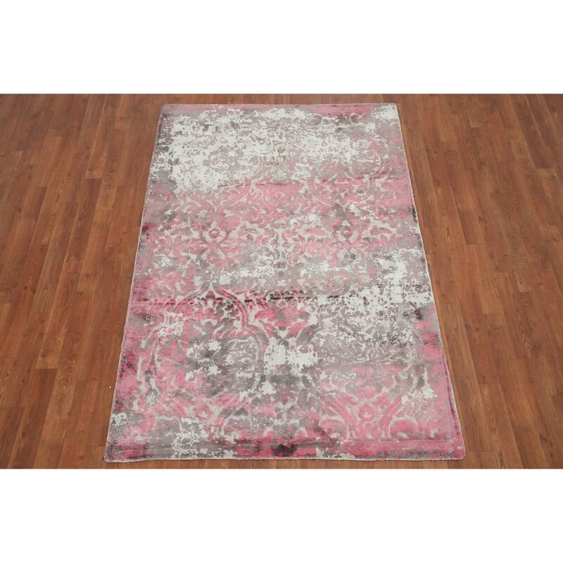 Hand Knotted Oriental Viscose Silk Carpet Modern Geometric Pink Abstract Area Rug - 6' 2'' X 4' 1''
