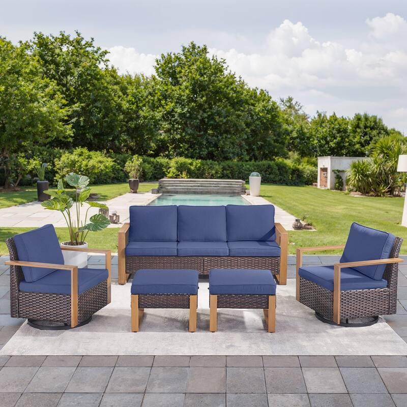 Gymojoy Outdoor Wicker Patio Furniture Sofa Set - 5-Piece Sofa Set - Swivel Chairs & Ottomans - Brown Wicker / Blue Cusion