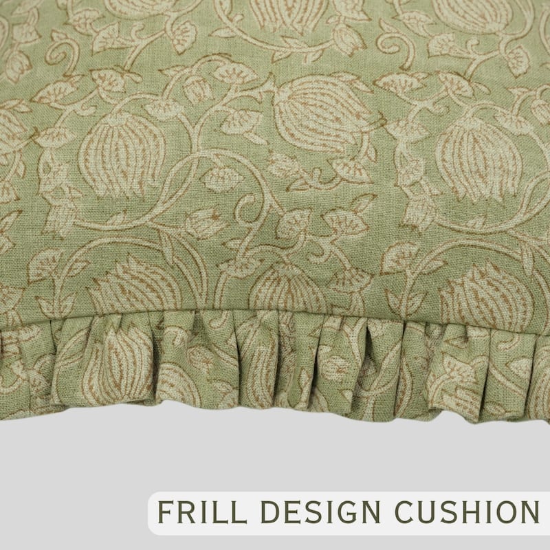 Fabdivine Handmade Block Print Floral Frill Both Side Soft Boho Pure Linen Pillow Cover
