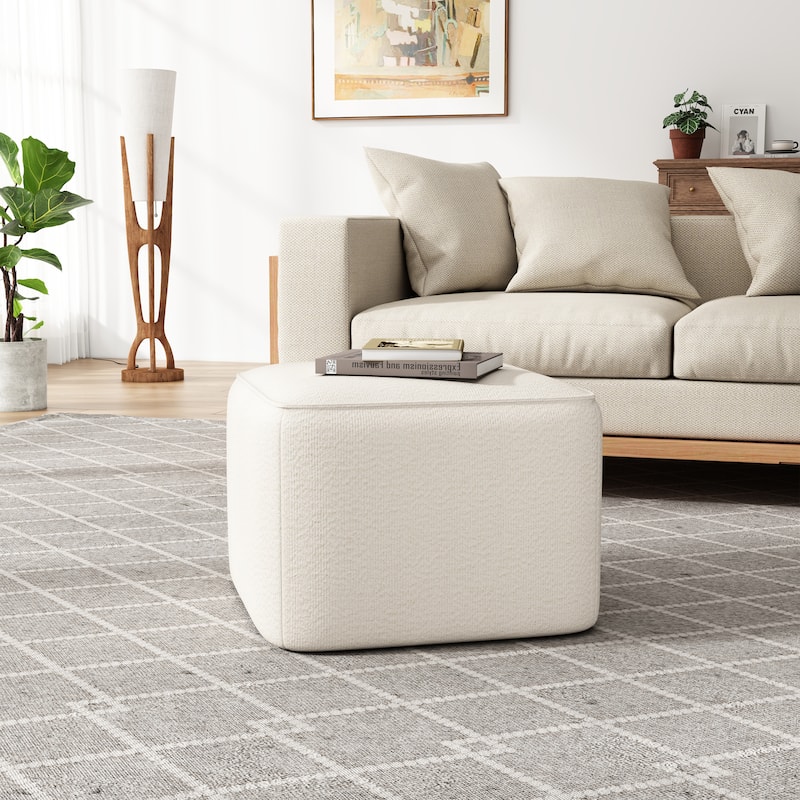 Boucle Upholstered Square Ottoman - White Soft Living Room Accent