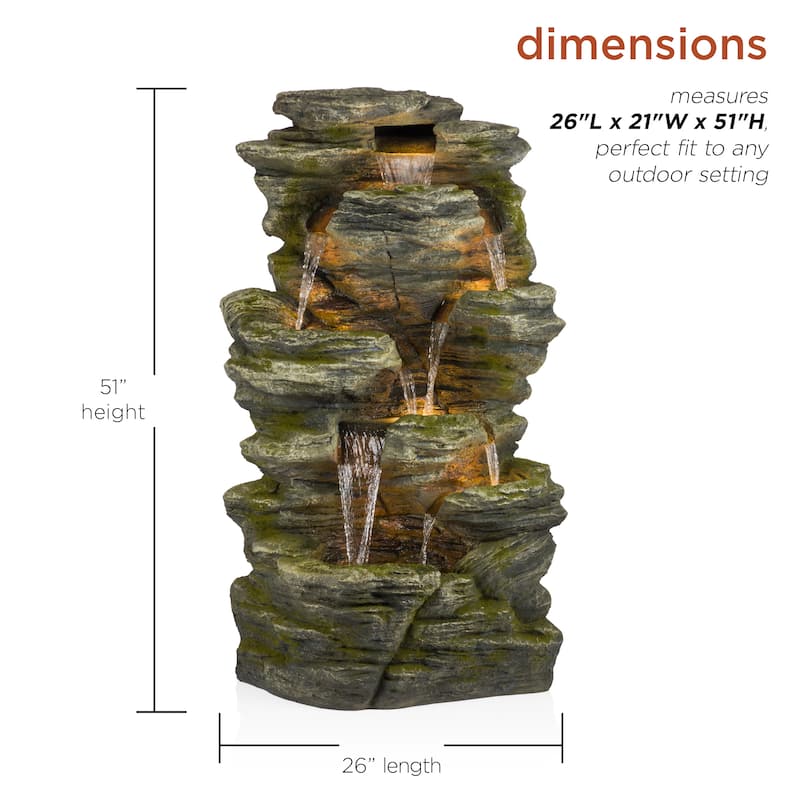 Alpine Corporation WIN1092 51" Brown Outdoor Floor Multitiered Rock Waterfall Fountain with LED Lights