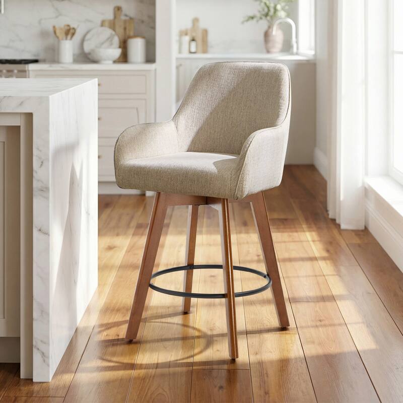 25 Inch Upholstered Swivel Counter Height Bar Stool with Armrests, Solid Wood Legs - 23.6"W x 22.4"D x 40.2"H