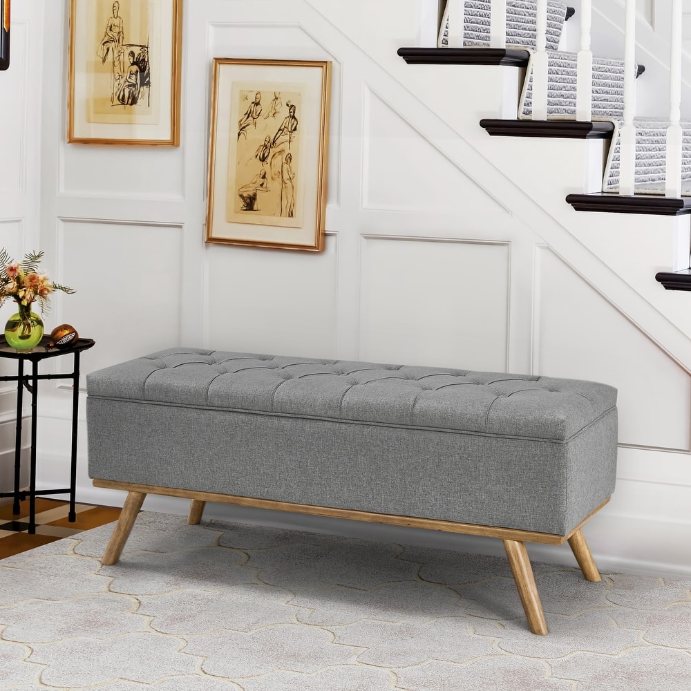 Modern Upholstered Storage Ottoman Button Tufted Storage Bench with Linen Seat End of Bed - 17.5 D X 50.4 W X 20.5 H