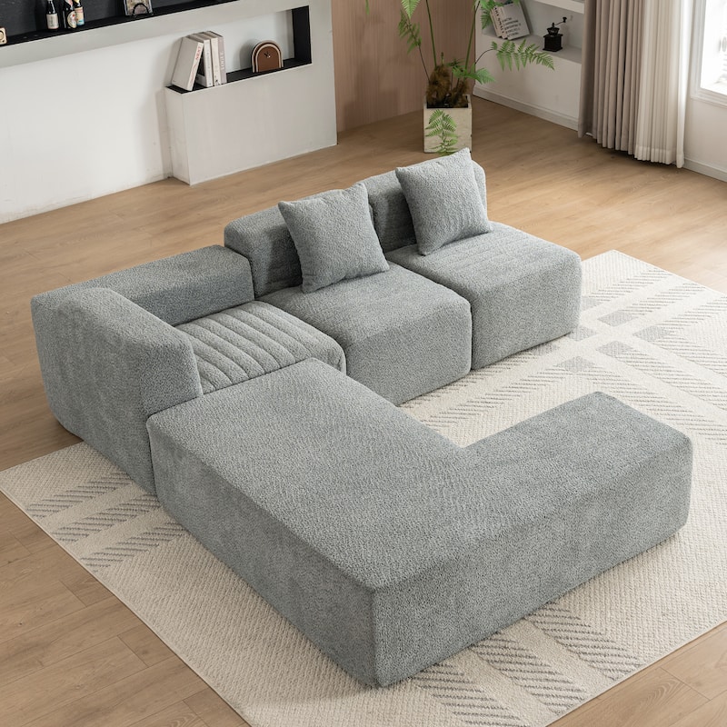 Grey 116.5" Versatile 4-Seater Sectional Sofa with Customizable 4-Piece Design in Ultra-Soft Boucle Fabric and Two Back Cushions