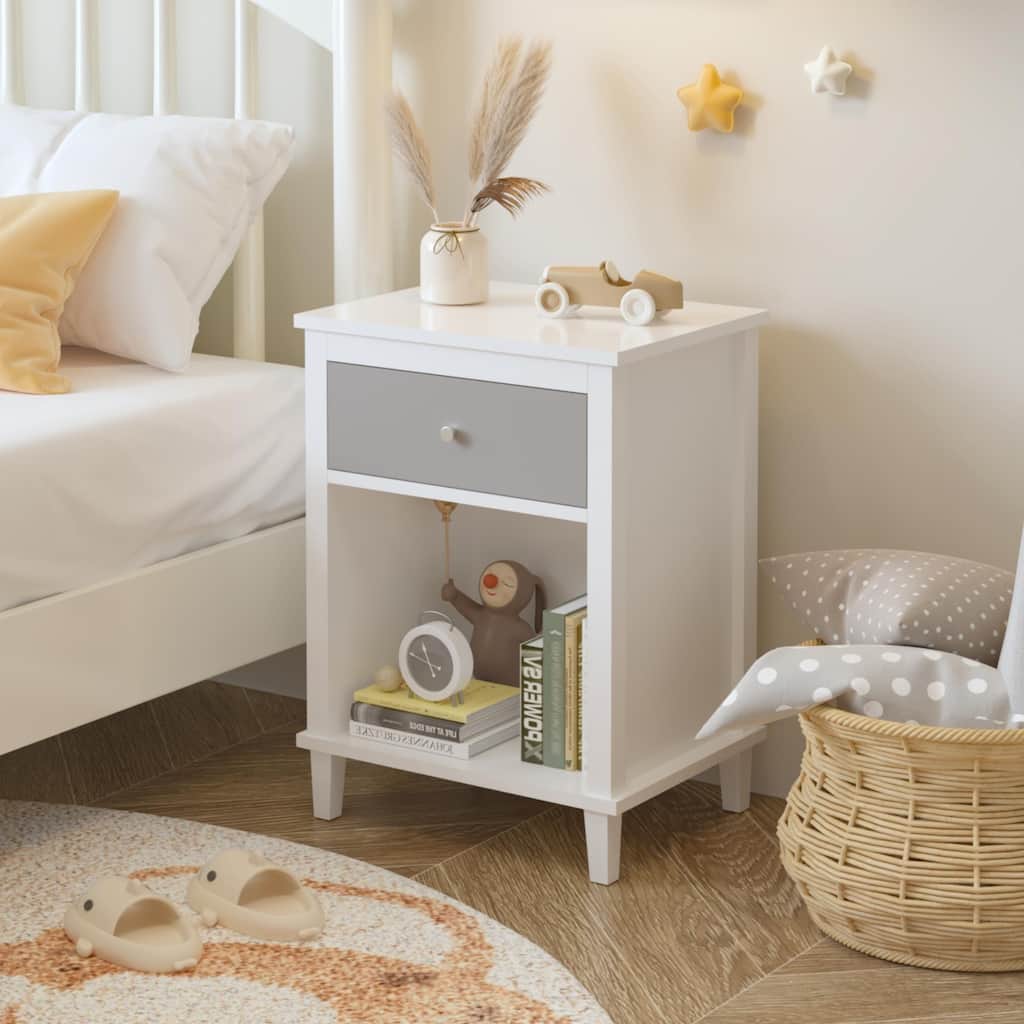 26.77"H Wooden Nightstand with One Drawer One Shelf for Kids, Adults, Gray+Silver Handle