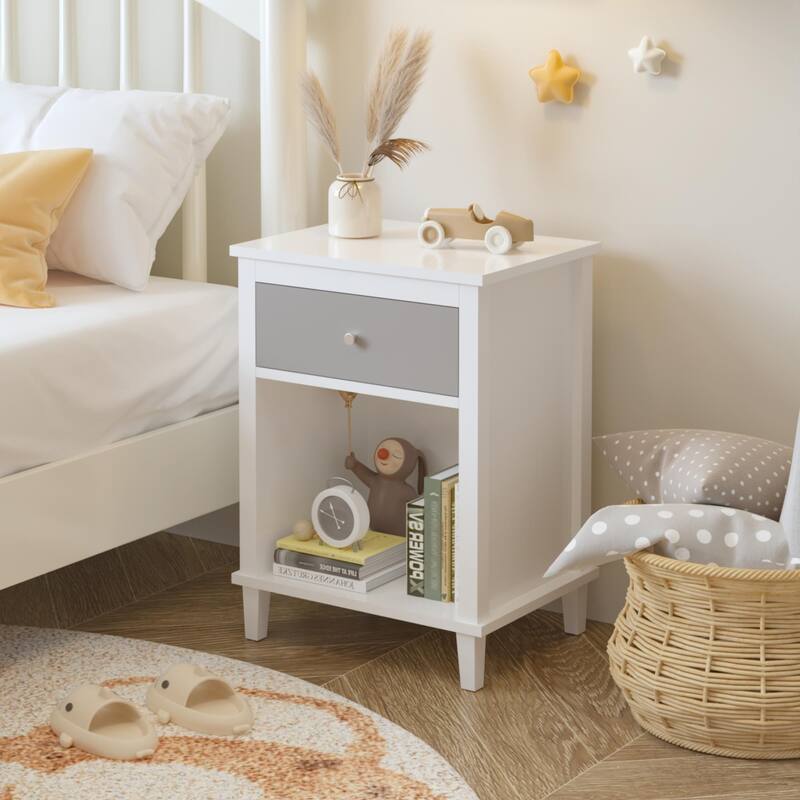 Anmytek White Nightstand with Drawer and Shelf Farmhouse Modern Bedside Table - White+gray