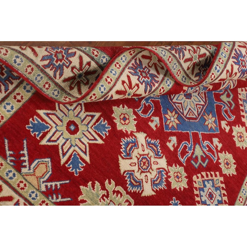 Red Geometric Kazak Oriental Area Rug Handmade Traditional Wool Carpet - 4'11" x 6'6"