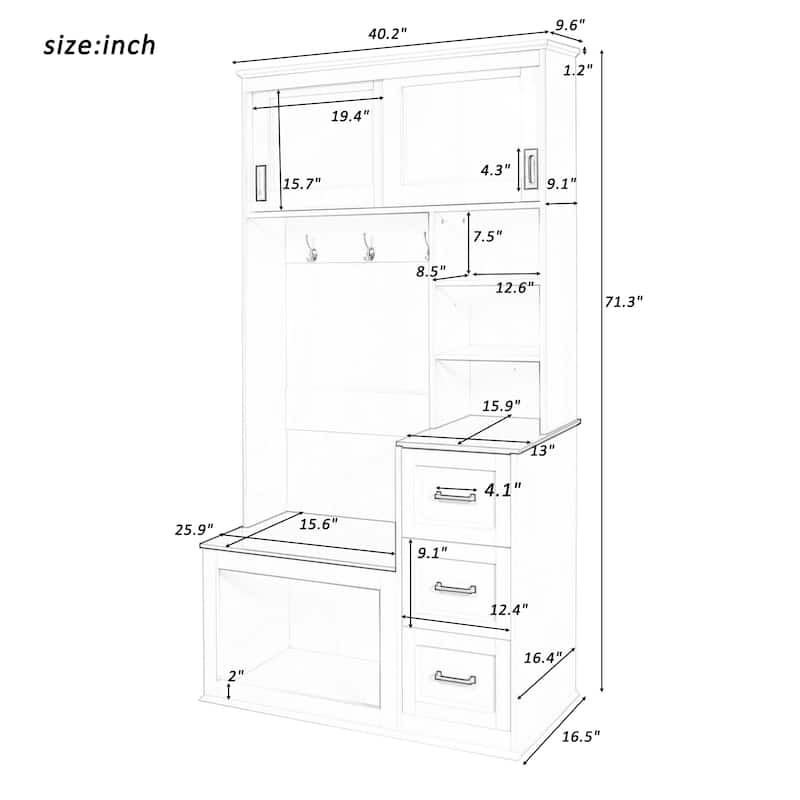 40.2" Wide Hall Tree with Storage Bench for Hallway, Entryway Bench with Coat Rack, 3 Shelves and Drawers, 3 Sturdy Hooks