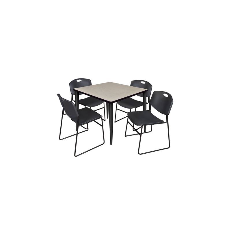 36 in. Square Breakroom Table- Maple Top, Black Base & 4 Stack Chairs- Black