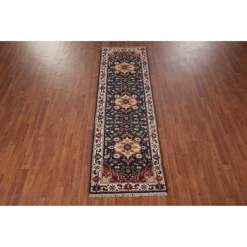 Blue Geometric Kazak Indian Runner Rug Handmade Oriental Wool Carpet - 2'8"x 8'2"
