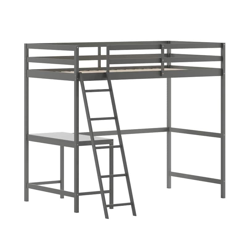 Traditional Wood Slat Loft Bed with Integrated Desk & Ladder