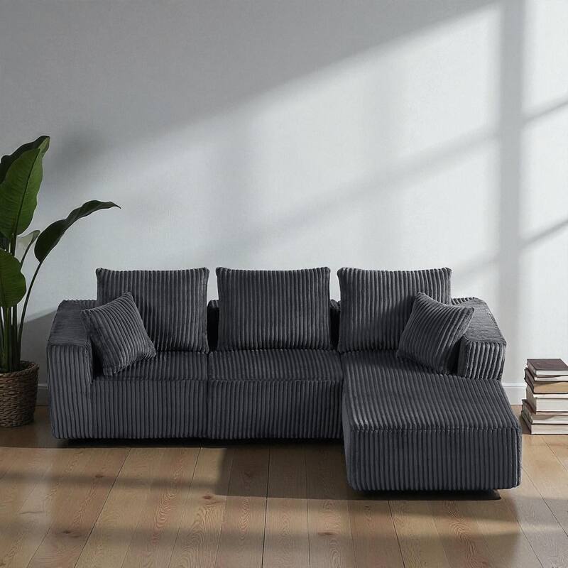 103" Modular Corduroy Sectional Sofa, Deep Seat Cloud Couch, Upholstered 4-Seater Sofa for Living Room, No Assembly Required - Dark Grey