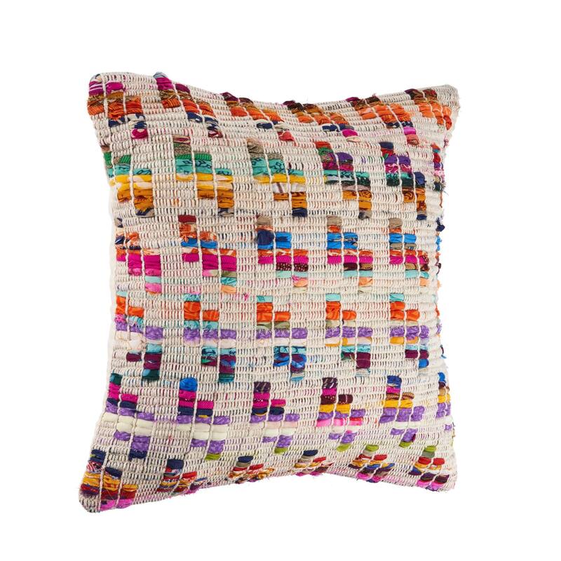 20" Beige and Pink Eclectic Chindi Square Throw Pillow