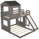 preview thumbnail 8 of 25, Twin over Full Wooden House Loft Bed with Ladder, Slide, and Guardrails on Top Bunk, Playhouse & Farmhouse Design