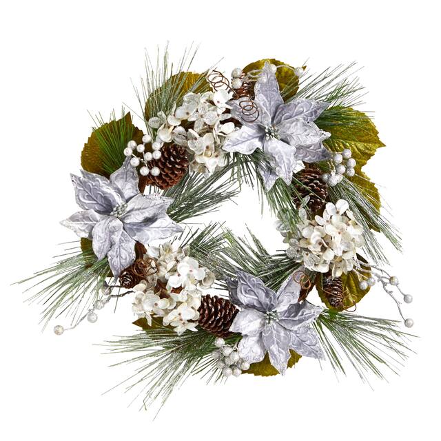 24" Silver Poinsettia, Hydrangea and Pinecones Christmas Wreath - Green - 24