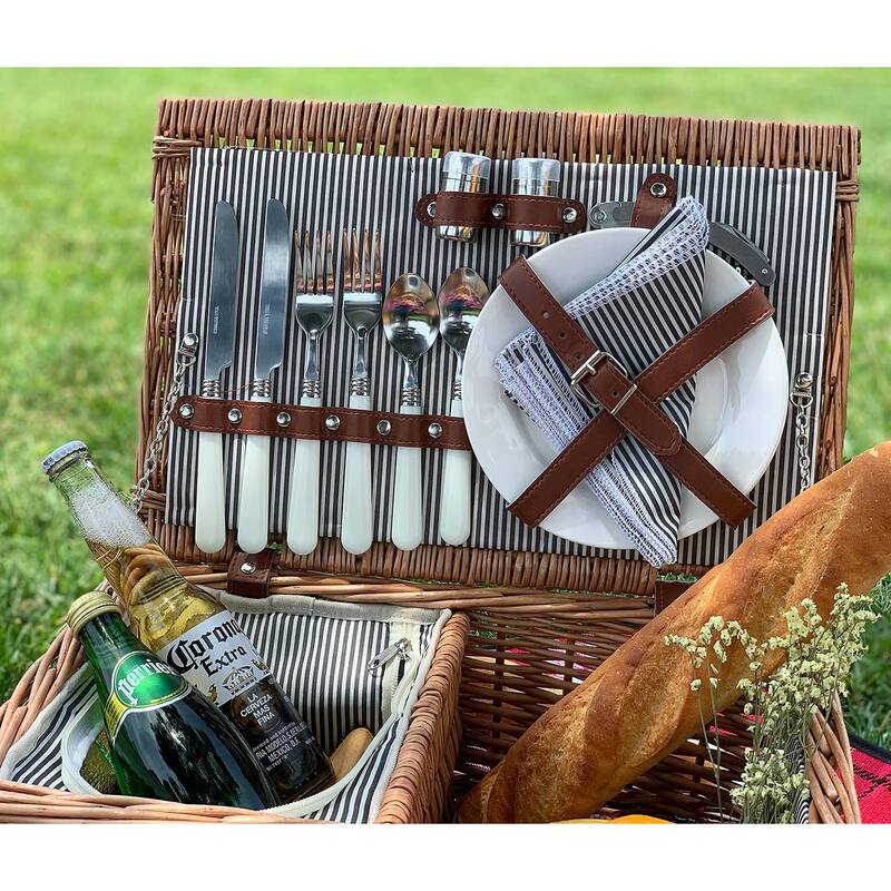 Picnic Basket for 2, Willow Hamper Set with Insulated Compartment, Handmade Large Wicker Picnic Basket Set with Utensils Cutlery