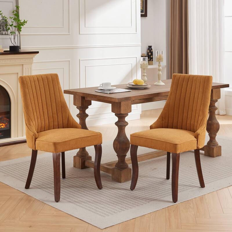 Flocking Linen Upholstered Dining Chairs with Curved Solid Wood Legs,Set of 2