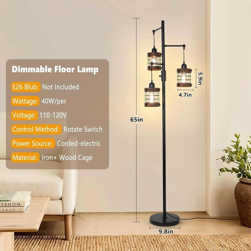 Airposta Dimmable Industrial Floor Lamp - 3-Light Wood & Metal Cage Floor Lamp