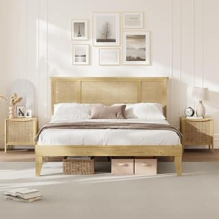 Bed Frame with Natural Rattan Headboard, Strong Wooden Slats