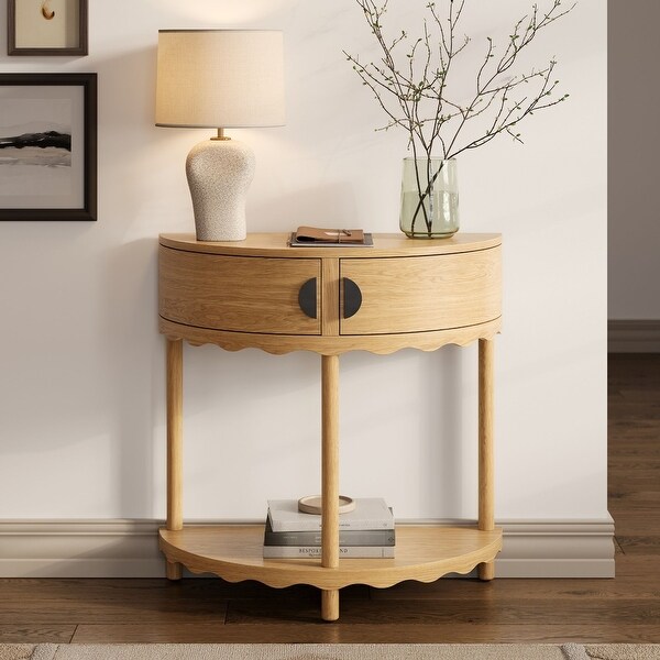 moon11段200台1枚板ヘリポート付ロータリー交差点付き Scalloped Skirt Half Moon Console Table - Solid Wood Entryway