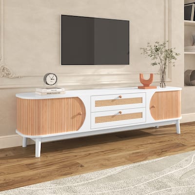 Wood Modern Farmhouse TV Stand with Sliding Door Cabinets & Rattan Drawers - 15.55 x 66.93 x 18.11